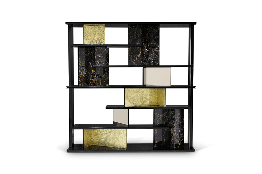 GARRETT BOOKCASE – Luxury Wooden Bookcase with Textured Brass & Marble Panels