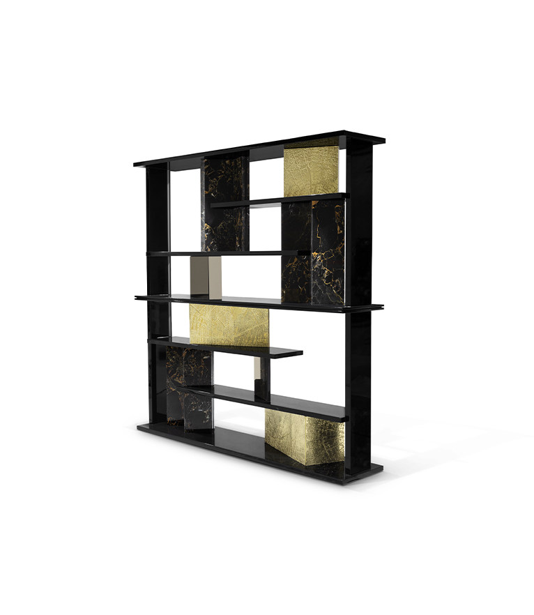 GARRETT BOOKCASE – Luxury Wooden Bookcase with Textured Brass & Marble Panels - Home'Society