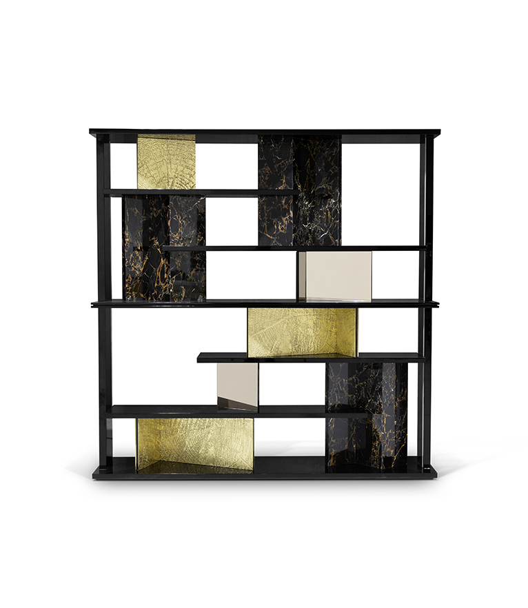 GARRETT BOOKCASE – Luxury Wooden Bookcase with Textured Brass & Marble Panels - Home'Society