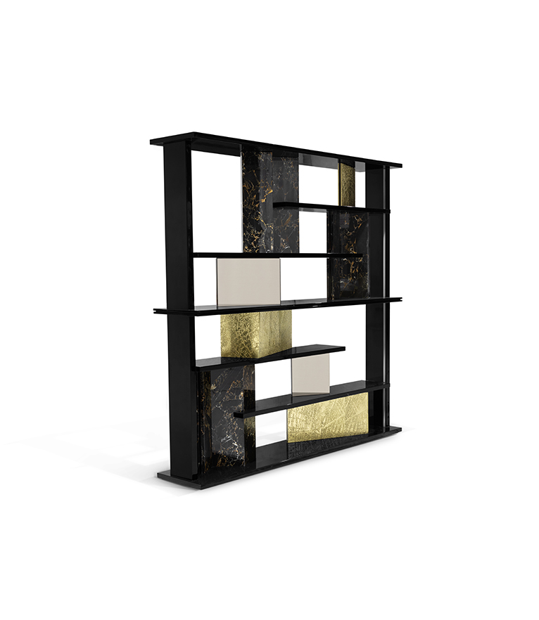 GARRETT BOOKCASE – Luxury Wooden Bookcase with Textured Brass & Marble Panels - Home'Society