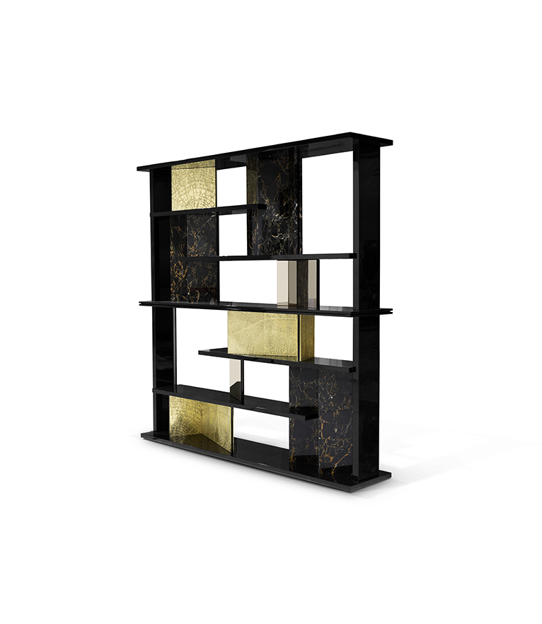 GARRETT BOOKCASE – Luxury Wooden Bookcase with Textured Brass & Marble Panels - Home'Society
