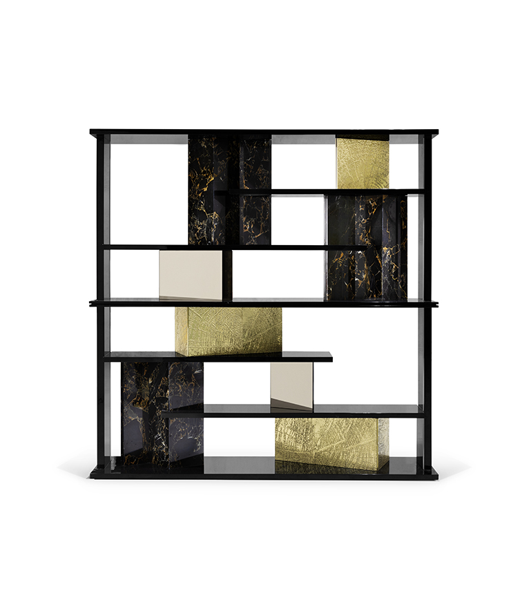 GARRETT BOOKCASE – Luxury Wooden Bookcase with Textured Brass & Marble Panels - Home'Society