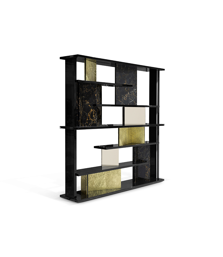 GARRETT BOOKCASE – Luxury Wooden Bookcase with Textured Brass & Marble Panels - Home'Society