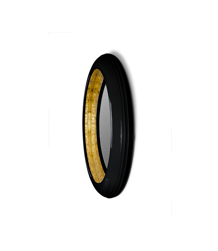 Ring Round Mirror - Black Lacquered High Gloss with Gold Leaf Detail - Home'Society
