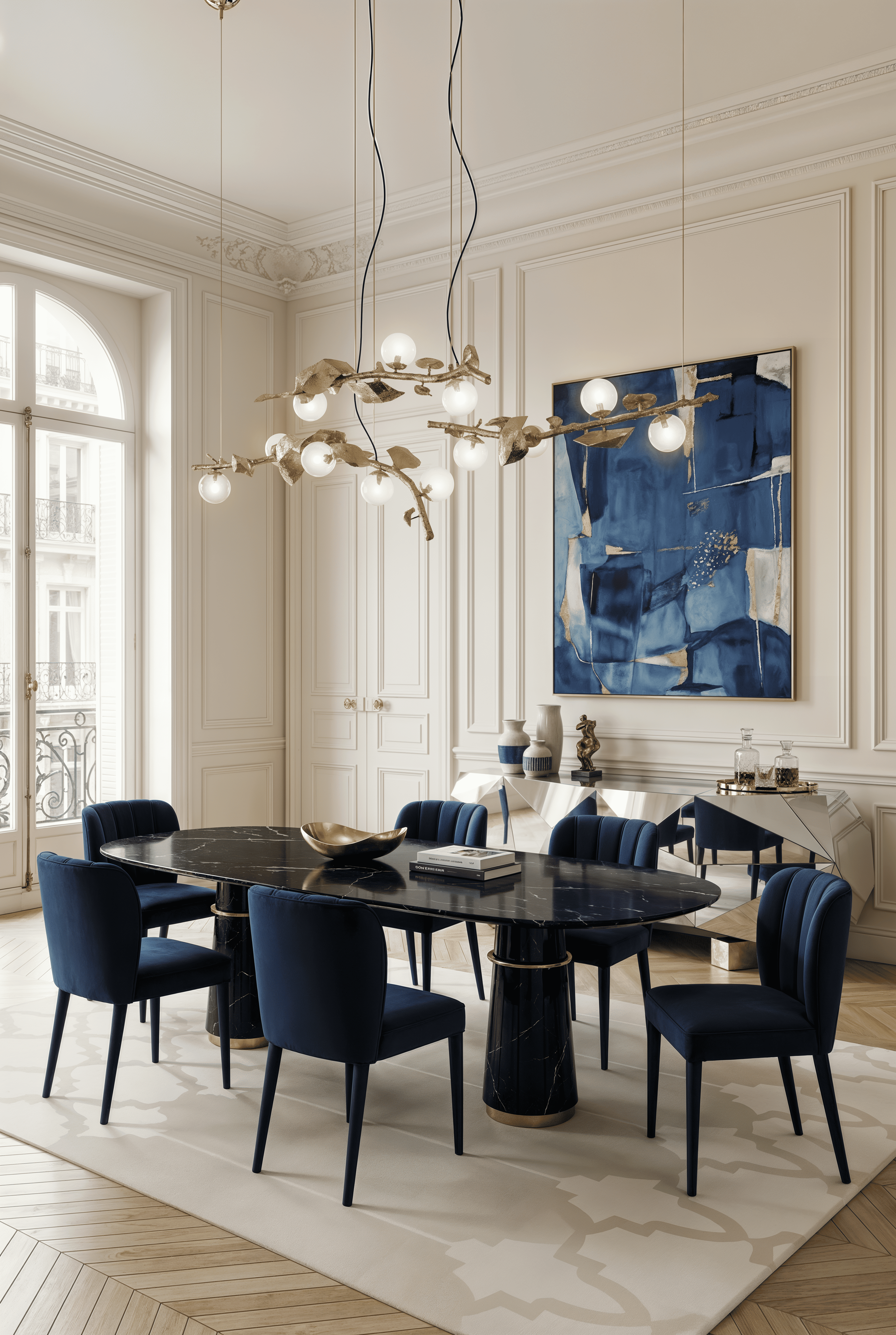 A Contemporary Dining Room in Blue and Brass - Home'Society