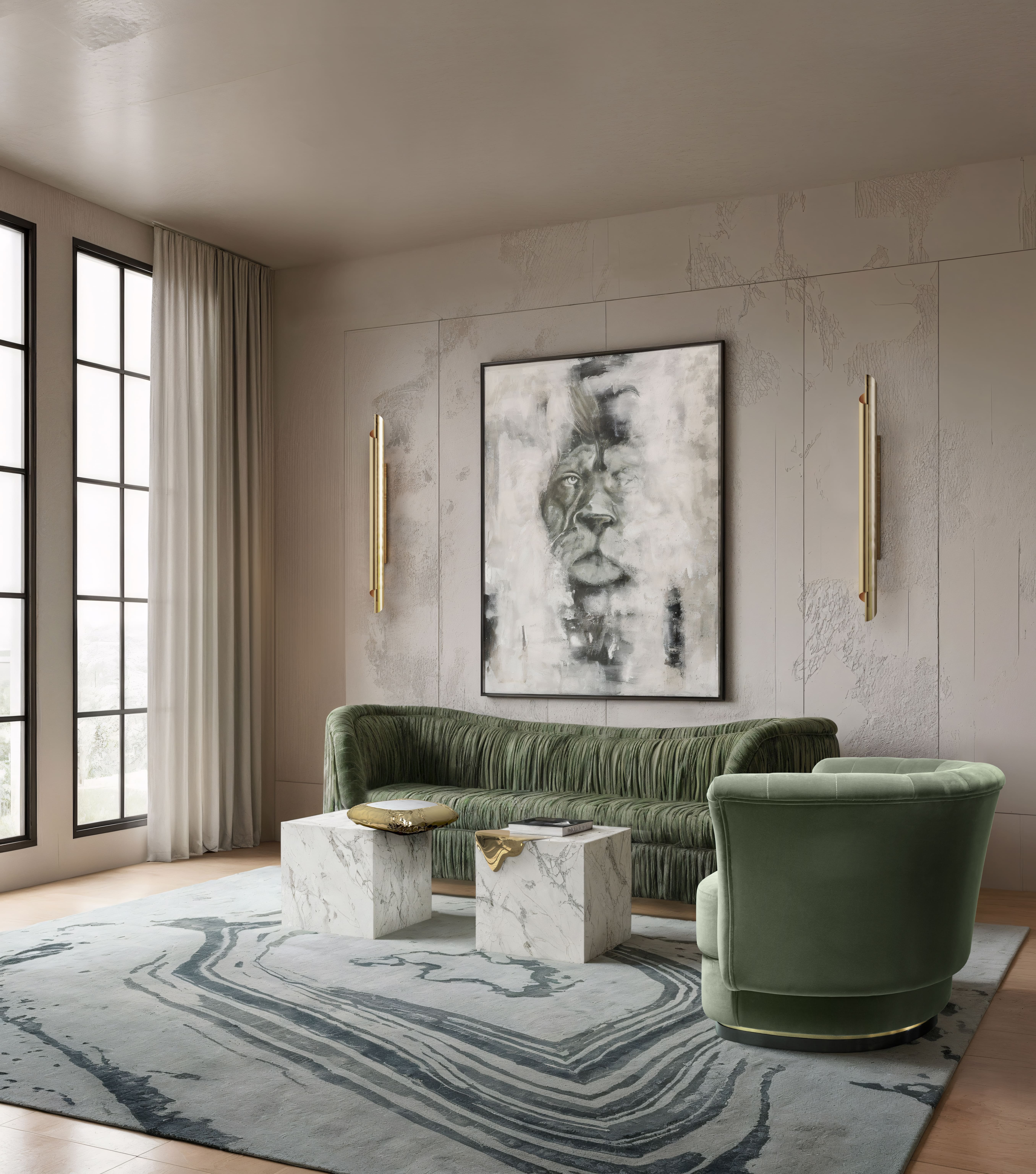A Calm Living Room in Green Velvet Tones - Home'Society
