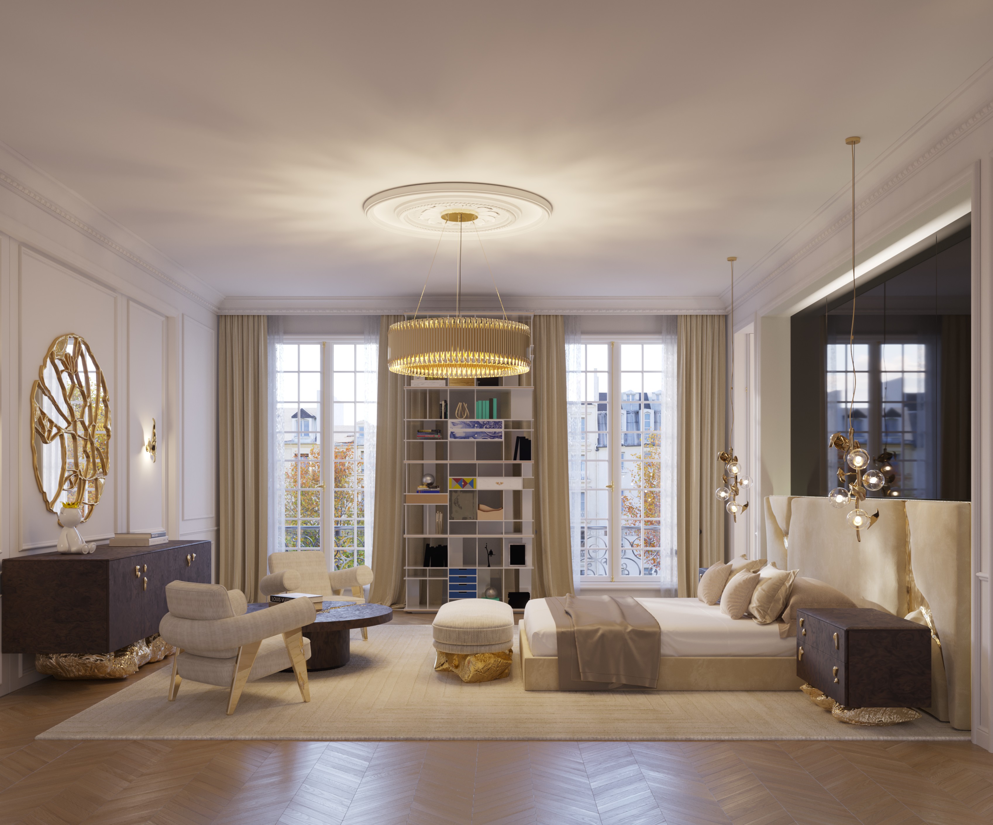 OPULENT MASTER SUITE WITH ARTISTIC FORMS AND STATEMENT LIGHTING - Home'Society