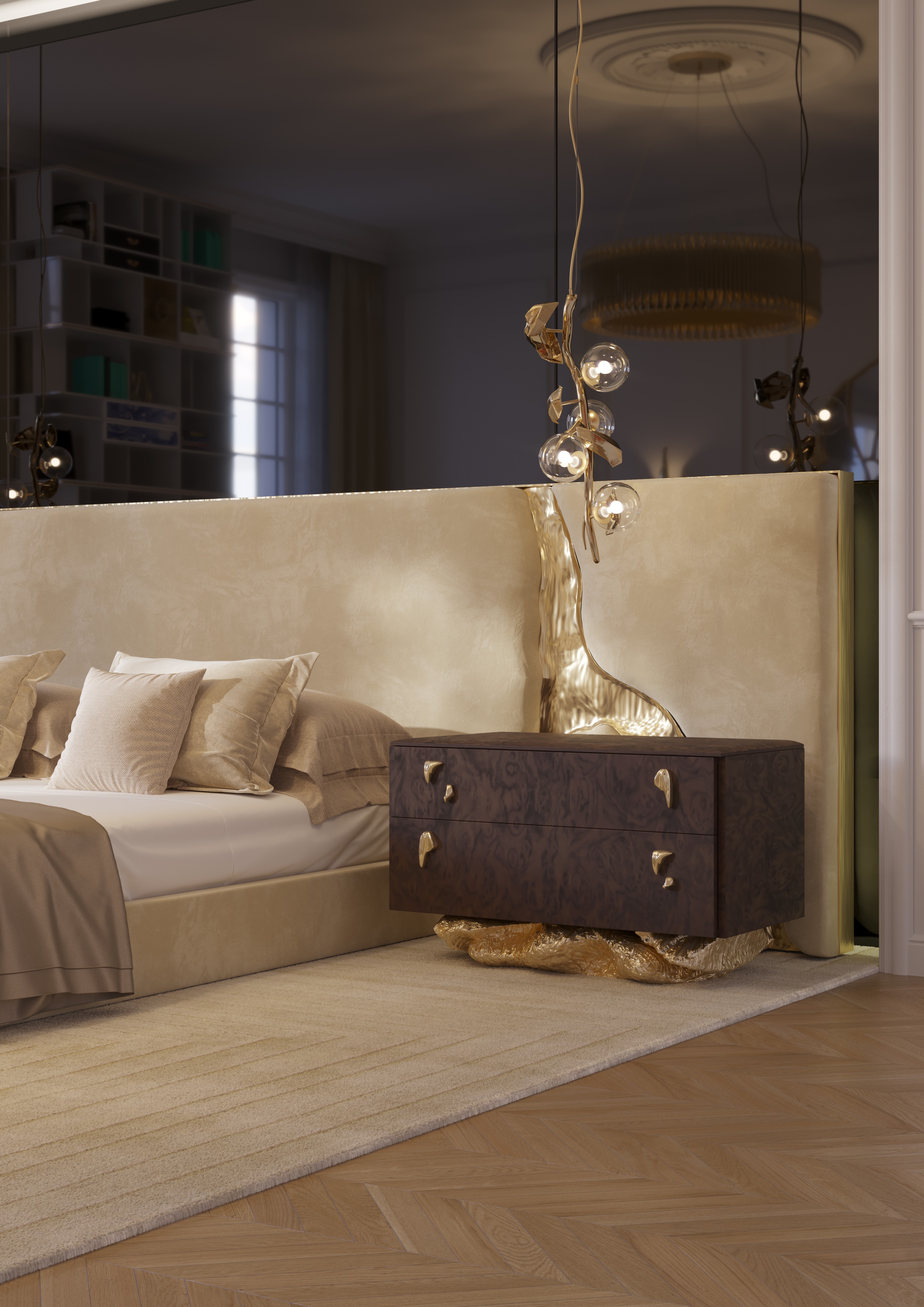 OPULENT MASTER SUITE WITH ARTISTIC FORMS AND STATEMENT LIGHTING - Home'Society