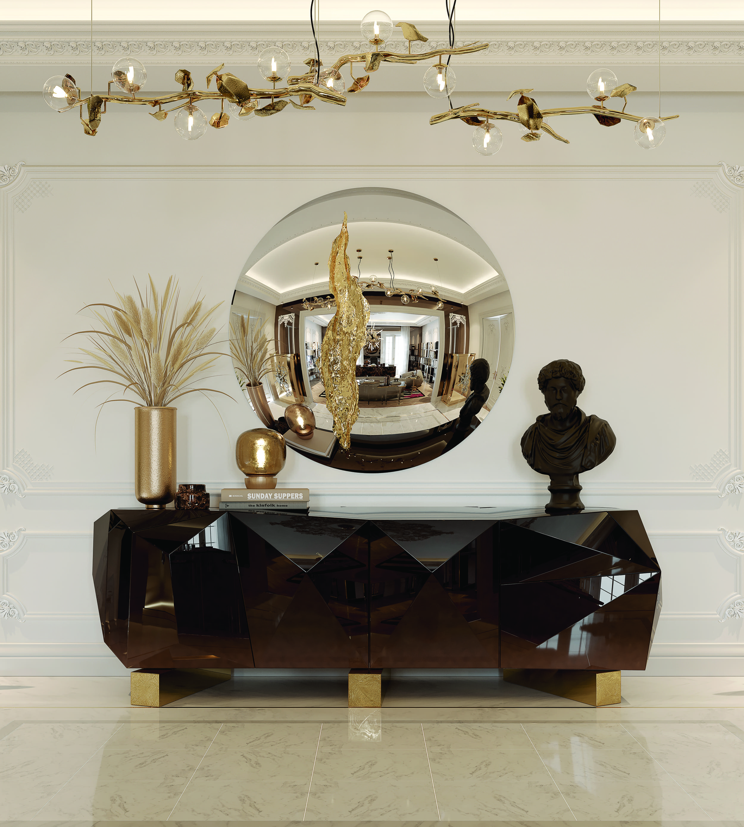 Luxurious Entryway with Sculptural Elegance and Statement Lighting - Home'Society