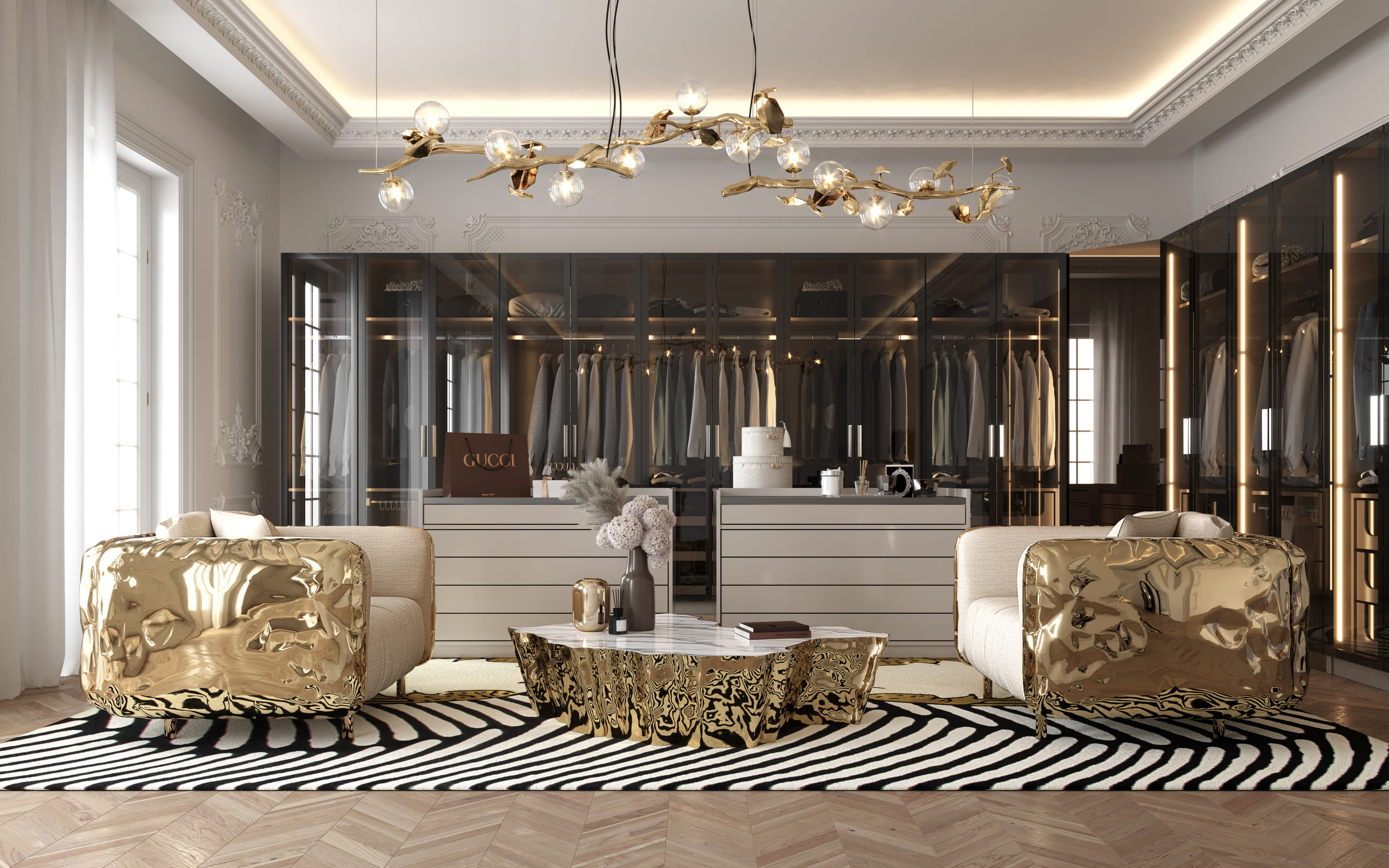 Opulent Master Suite with Sculptural Layers and Artistic Accents - Home'Society