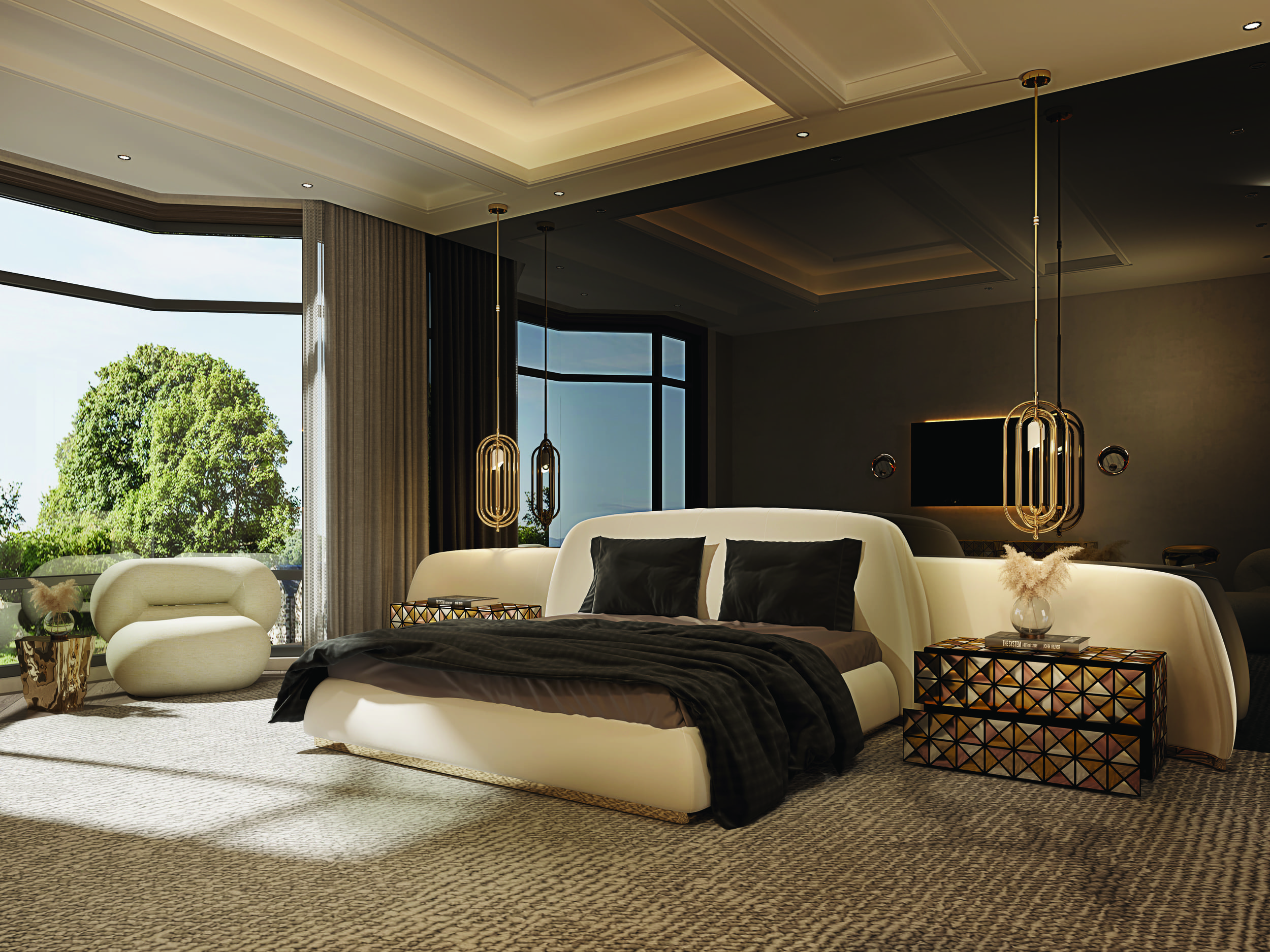 Elegant Master Suite with Geometric Details and Statement Lighting - Home'Society