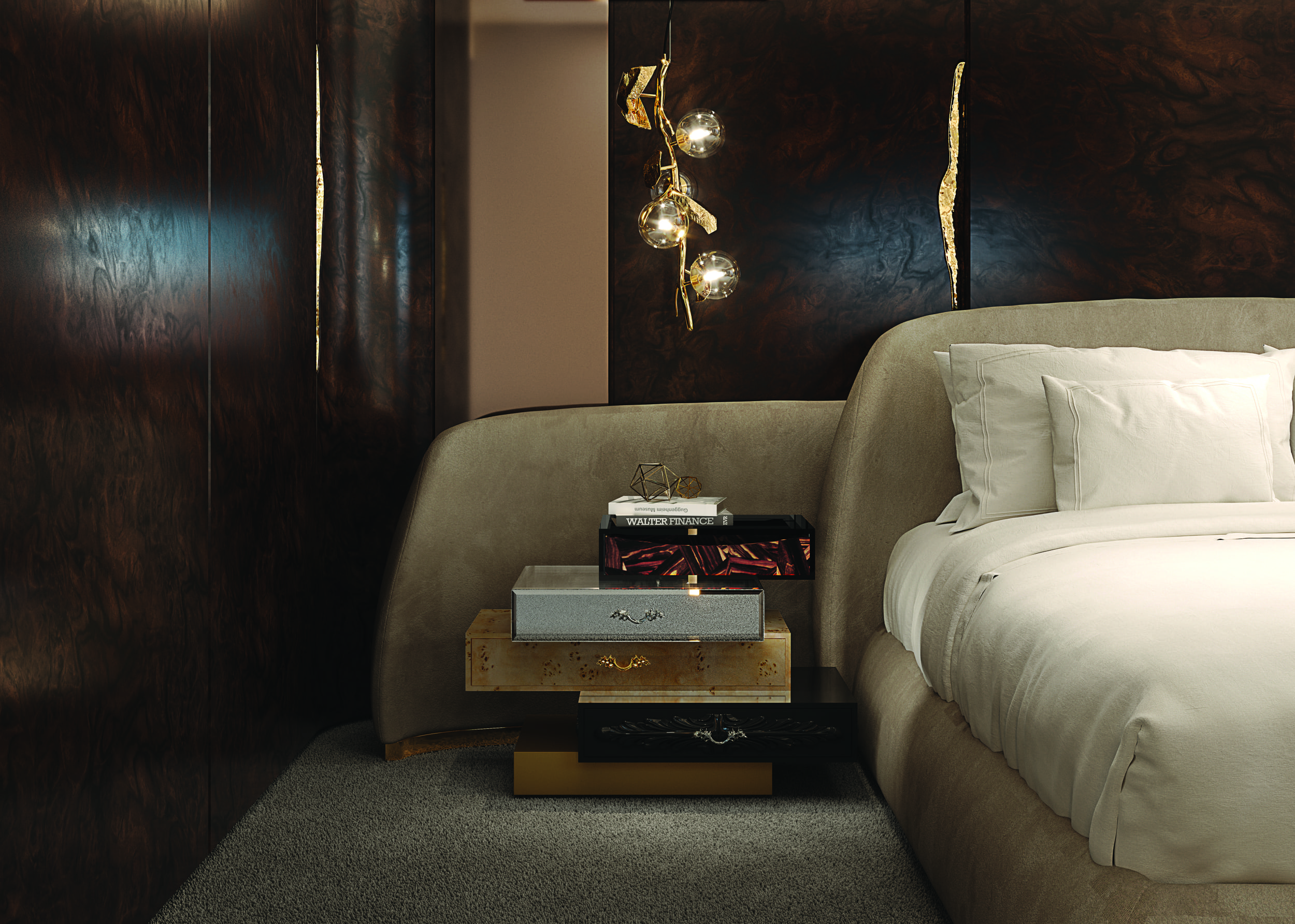 Sophisticated Master Suite with Sculptural Elegance and Refined Dining - Home'Society
