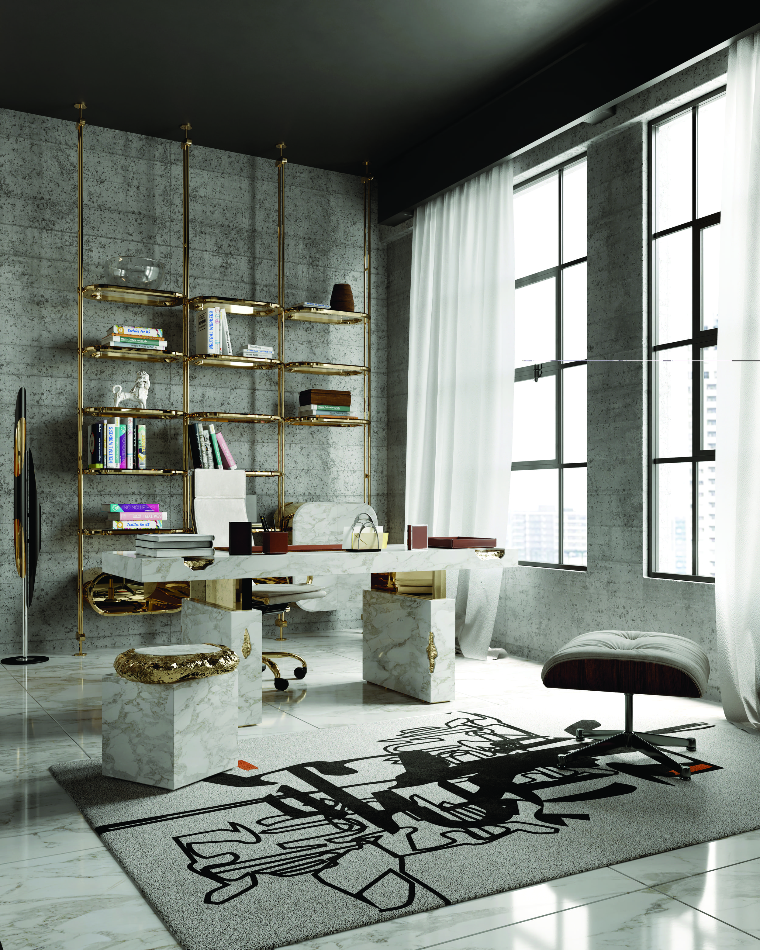 Luxury Master Suite Office with Sculptural Furniture and Artistic Detail - Home'Society