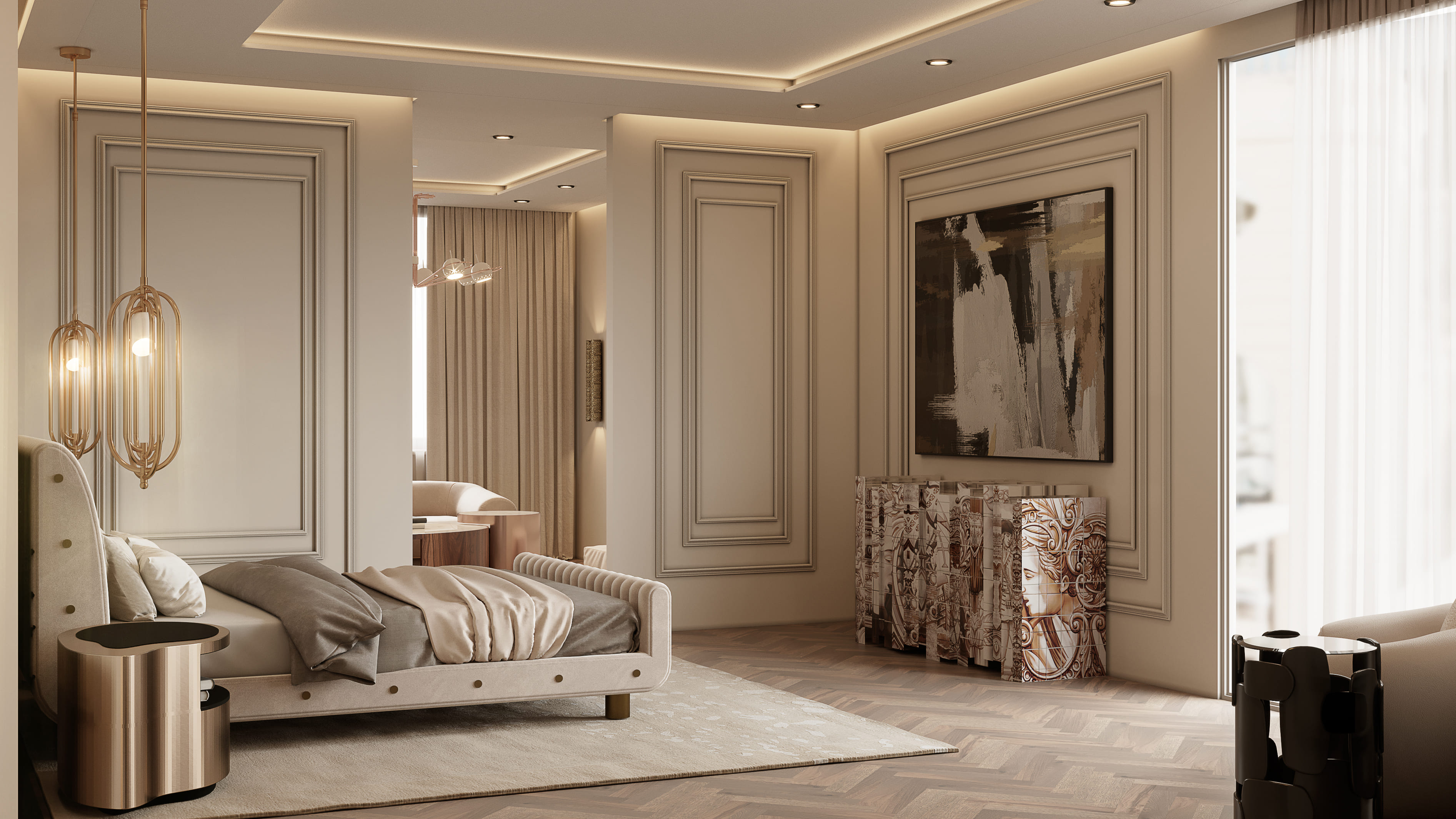 ELEGANT MASTER SUITE WITH MID-CENTURY CHARM AND ARTISTIC DETAILS - Home'Society