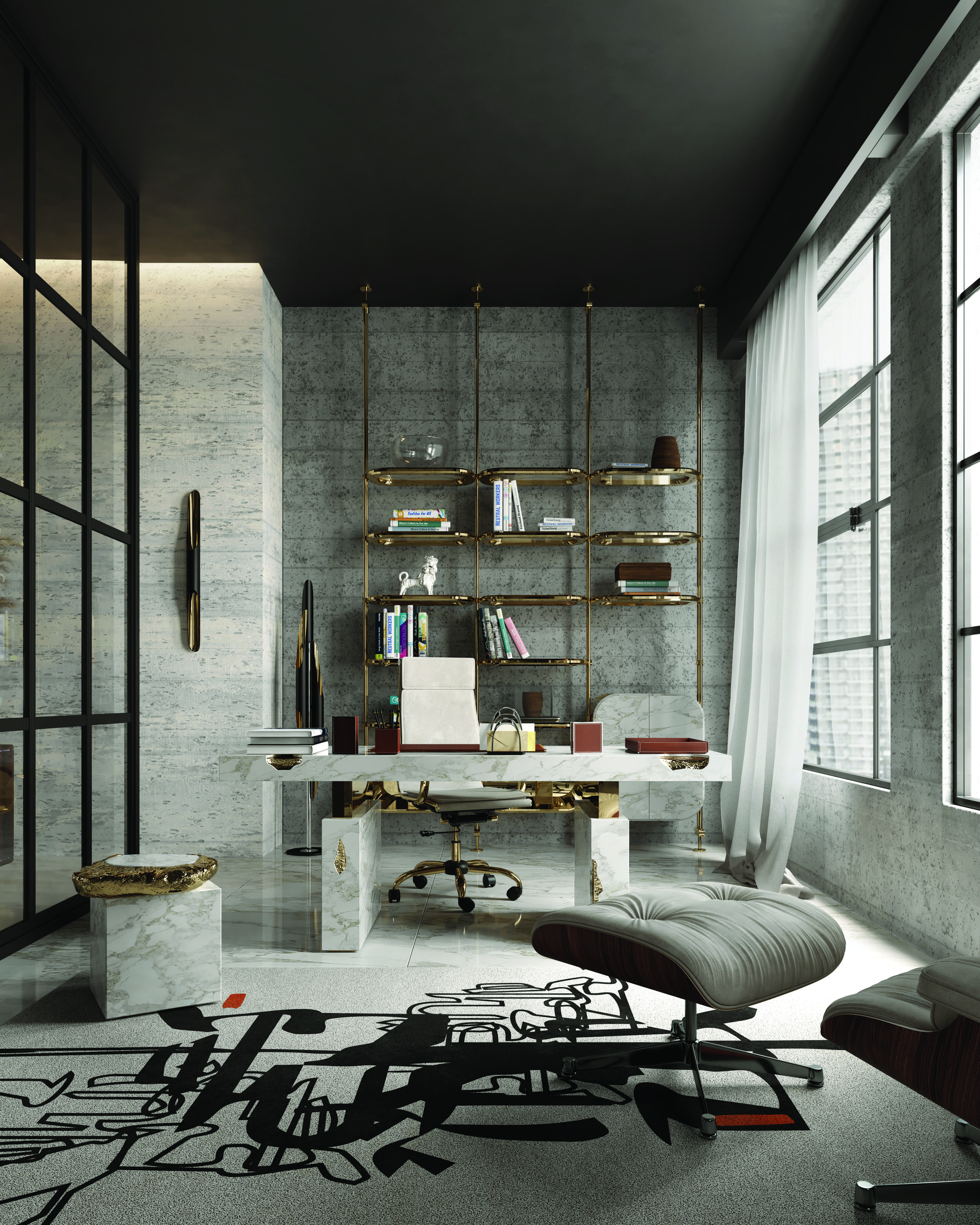 Luxury Master Suite Office with Sculptural Furniture and Artistic Detail - Home'Society